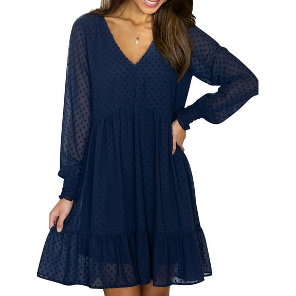 SWQZVT Womens Sexy Short Party Dress Long Sleeve Loose Babydoll Mini Dress High Waist Ruffle Tiered Blue Elegant Dresses Size M