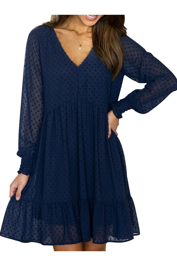 Womens Sexy Short Party Dress Long Sleeve Loose Babydoll Mini Dress High Waist Ruffle Tiered Blue Elegant Dresses Size S