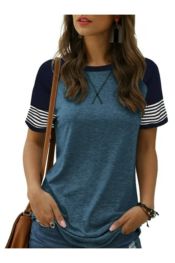 Womens Shirts Summer Short Sleeve Tops Going Out Tops for Women Color Block Tunic Tops Roundneck Blue Tees Dressy Casual Spring Size S