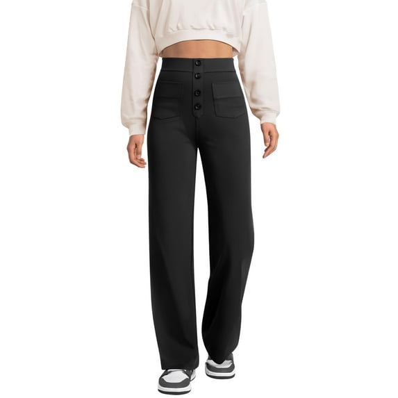 SWQZVT Womens Straight Leg Pants High Waisted Button Stretchy Business Work Casual Trousers Multiple Pockets Pants for Womens Clothes Elastic Waisted Slacks Casual