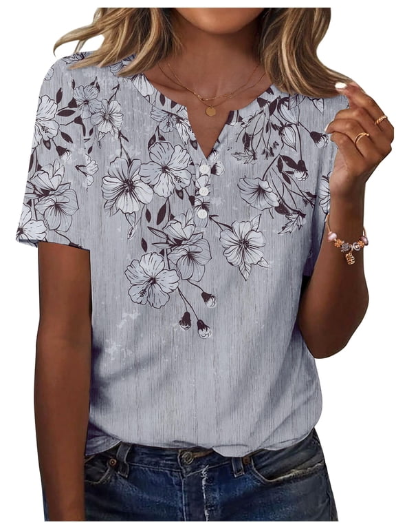 Womens Summer Tops Short Sleeve Shrits Trendy V Neck Blouses Beach Vacation Clothes