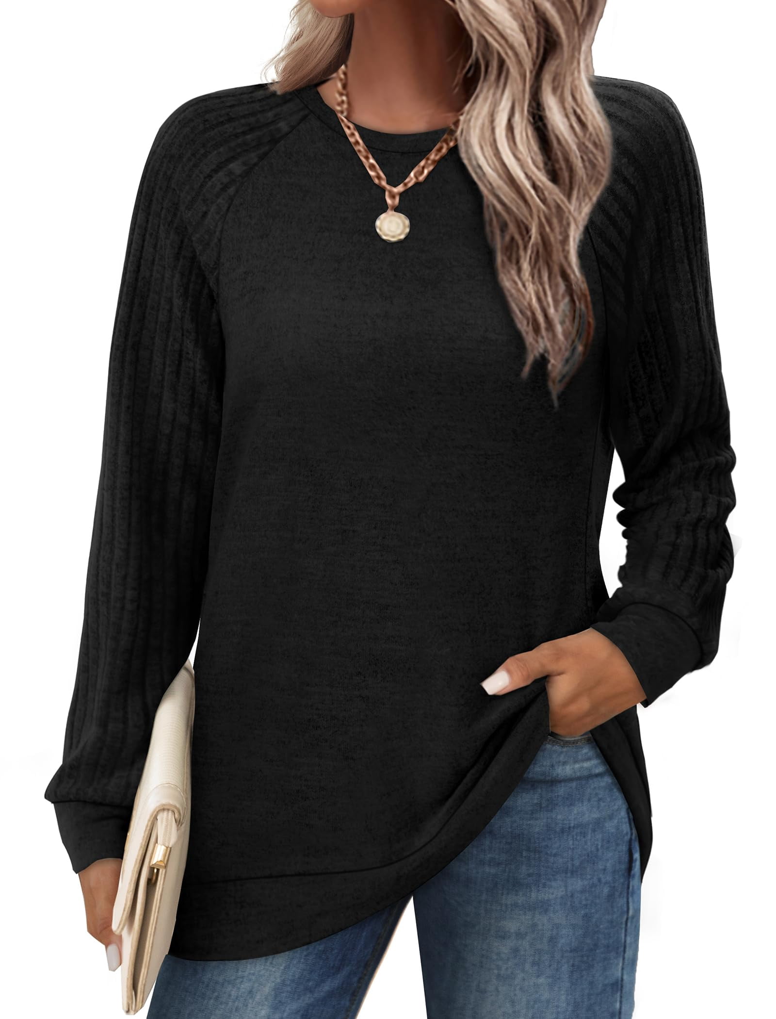 Womens Tops Fall Crewneck Lightweight Soft Sweaters Sweatshirts Pullover Tunic Womens Clothes Color Block Raglan Long Sleeve Shirts
