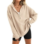 SWQZVT Womens Hoodies Button Up V Neck Long Sleeve Pullover for Women Side Slit Sweatshirts Casual Fall Hooded Tops 2XL