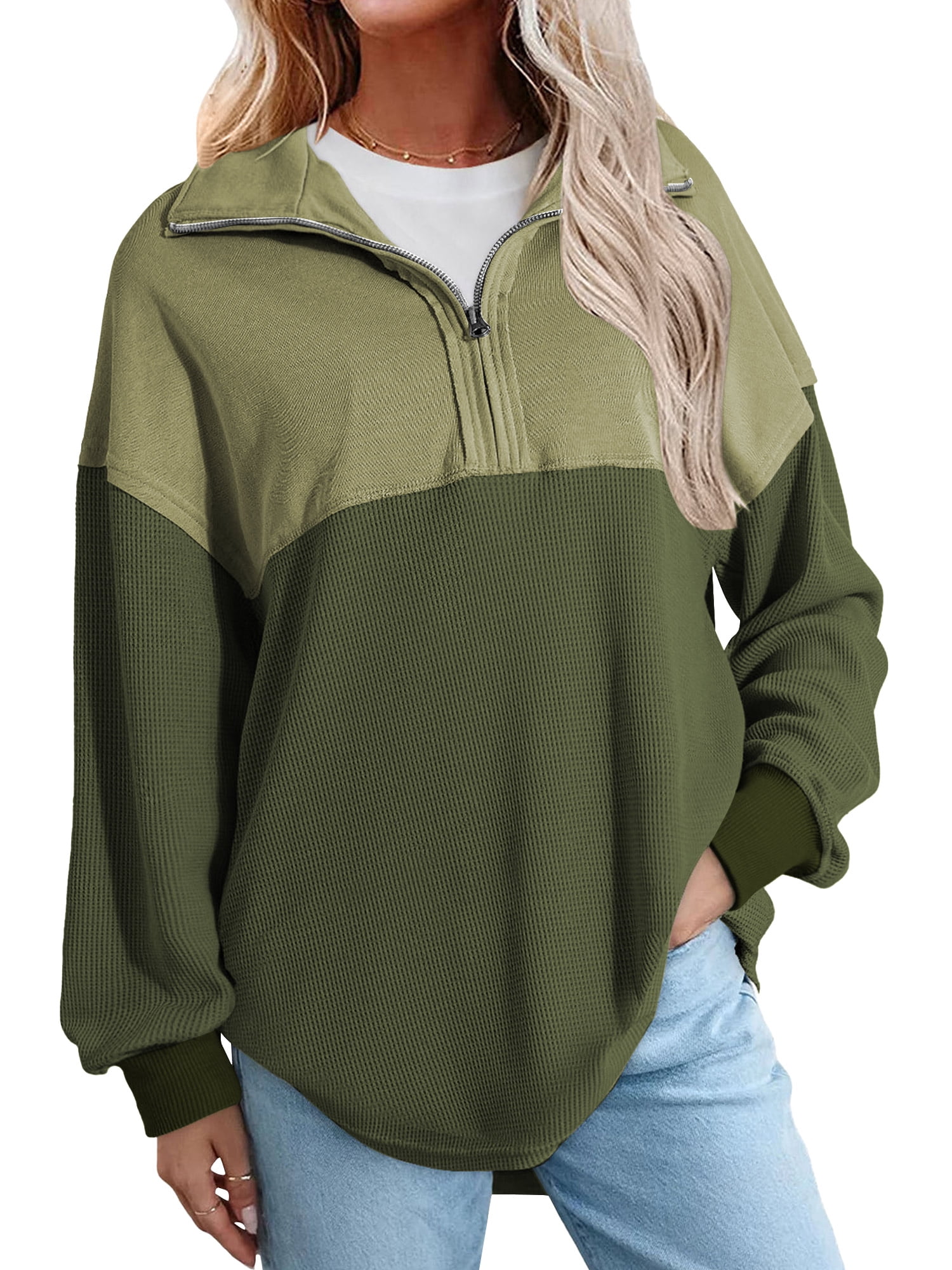 Womens Sweatshirts Waffle Knit Half Zip Pullover for Women Casual Long Sleeve Lightweight Loose Fit Fall Tops L