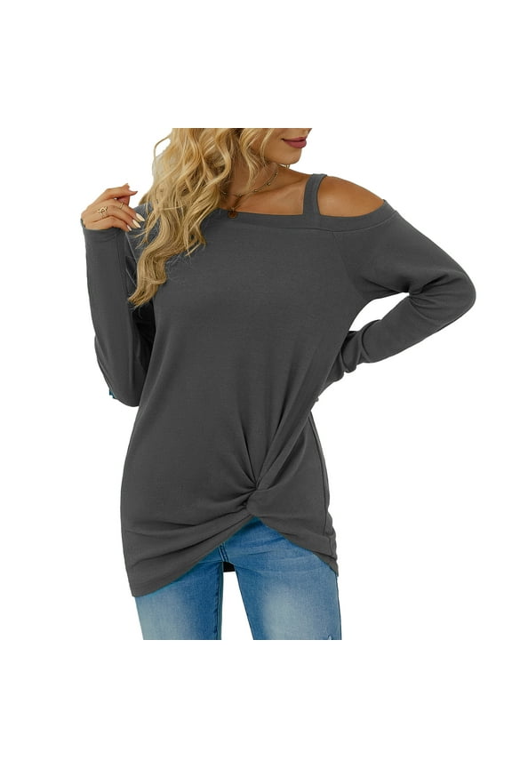 Womens Tops Cold Shoulder Long Sleeve Twist Knot Top Sexy Tunic T Shirts Casual Darkgray Blouse Size M