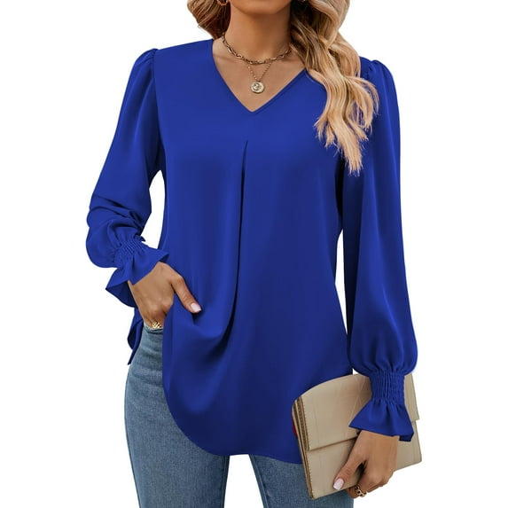 SWQZVT Womens Tops Long Sleeve Blouses V Neck Business Work Shirts Bubble Sleeve Smocked Ruffle Cuffs Pleated Tunic Tops
