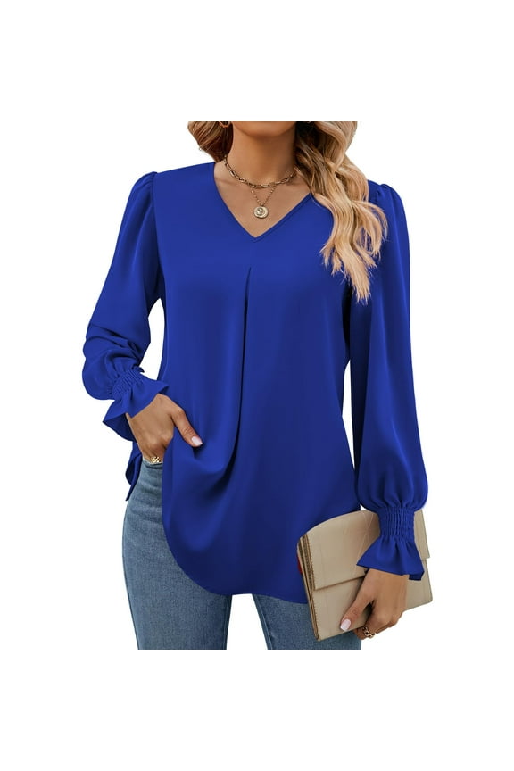 Womens Tops Long Sleeve Blouses V Neck Business Work Shirts Bubble Sleeve Smocked Ruffle Cuffs Pleated Tunic Tops