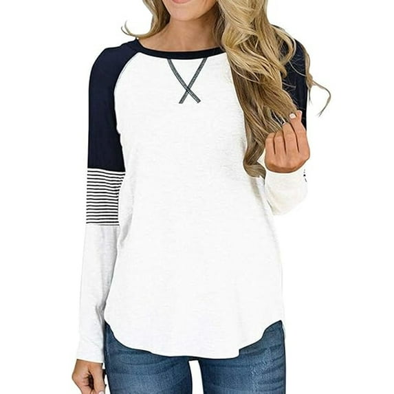 SWQZVT Womens Tops Long Sleeve Shirts Fall Clothes Tunic Tops TShirts Crewneck Color Block Striped Raglan Sleeve Sweatshirts for Women Pullover White Size S