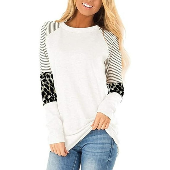 SWQZVT Womens Tops Long Sleeve Shirts Round Neck T-Shirts for Women Fall Fashion Leopard Print Tops Casual Workout Pullover Sweatshirts Loose Tunics Tops White Blouses Size XL