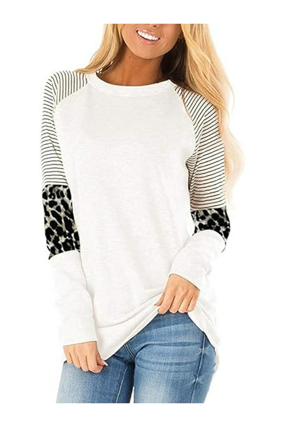 Womens Tops Long Sleeve Shirts Round Neck T-Shirts for Women Fall Fashion Leopard Print Tops Casual Workout Pullover Sweatshirts Loose Tunics Tops White Blouses Size L