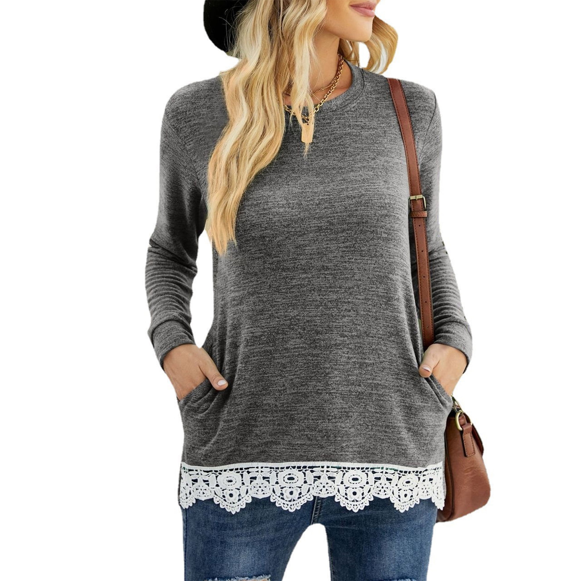 Tunic Tops Long Sleeve Lace Trim U-Neck Blouse Solid Color Shirts