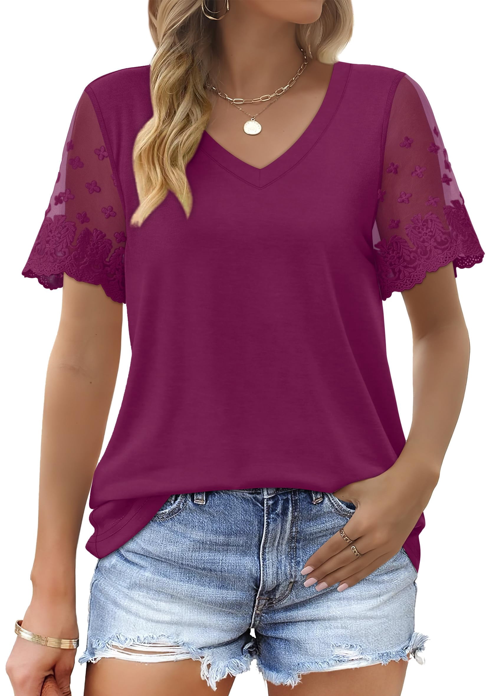 SWQZVT Womens Tops Summer Lace Short Sleeve Shirts V Neck Trendy Curved ...