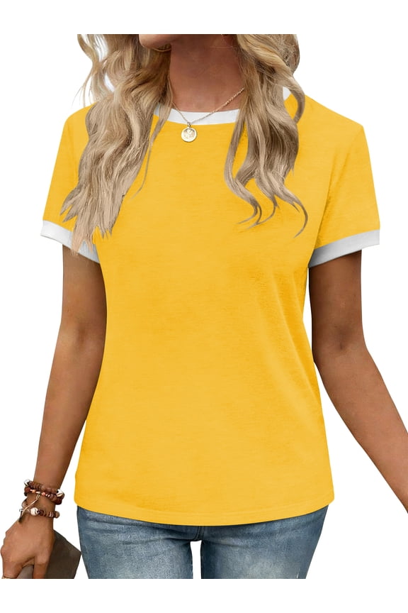 Womens Tops T Shirts for Summer Clothes Short Sleeve Ladies Crew Neck Blouses Tee Colorblock Clothing Pullover Yellow L
