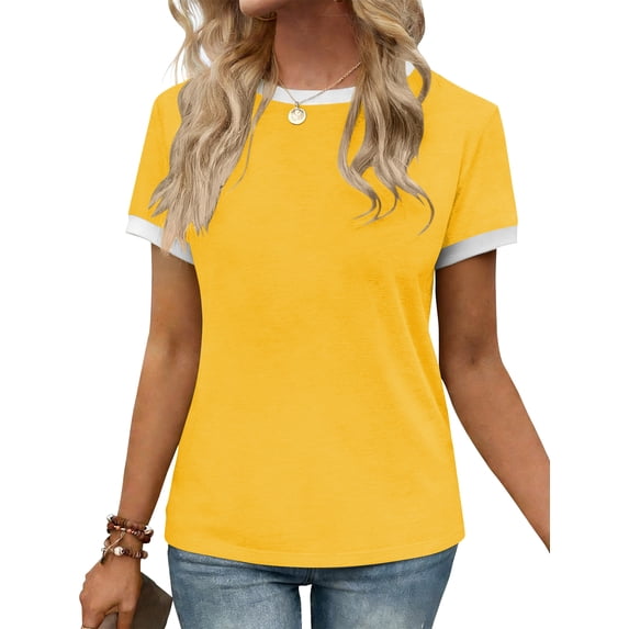 SWQZVT Womens Tops T Shirts for Summer Clothes Short Sleeve Ladies Crew Neck Blouses Tee Colorblock Clothing Pullover Yellow S