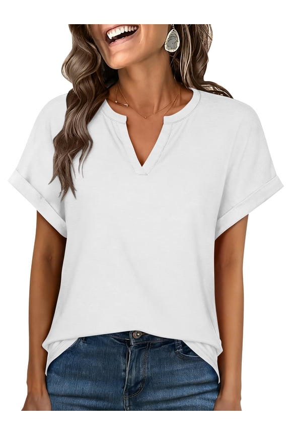Womens Tops T Shirts for Summer Clothes Short Sleeve Ladies V Neck Blouses Tee Solid Clothing Pullover White M