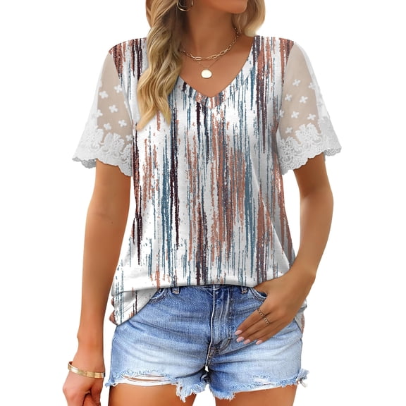 SWQZVT Womens Tops V Neck Lace Short Sleeve T Shirts Casual Summer Shirts Curved Hem Tee Clothes