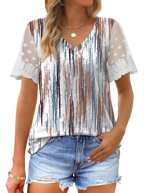 Womens Tops V Neck Lace Short Sleeve T Shirts Casual Summer Shirts Curved Hem Tee Clothes