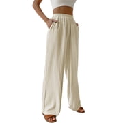 SWQZVT Womens Linen Pants Summer Wide Leg Palazzo Beach Pants for Women Casual Pants with Pocket
