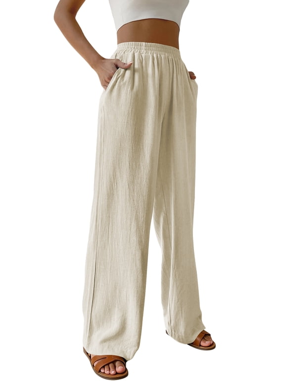 Womens Linen Pants Summer Wide Leg Palazzo Beach Pants for Women Casual Pants with Pocket