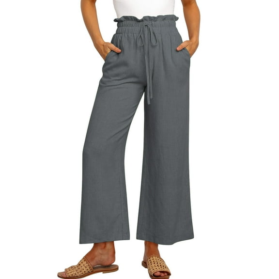 SWQZVT Womens Wide Leg Pants with Pockets High Waist Casual Trousers Palazzo Casual Womens Clothes Drawstring Trousers Adjustable Waisted Slacks