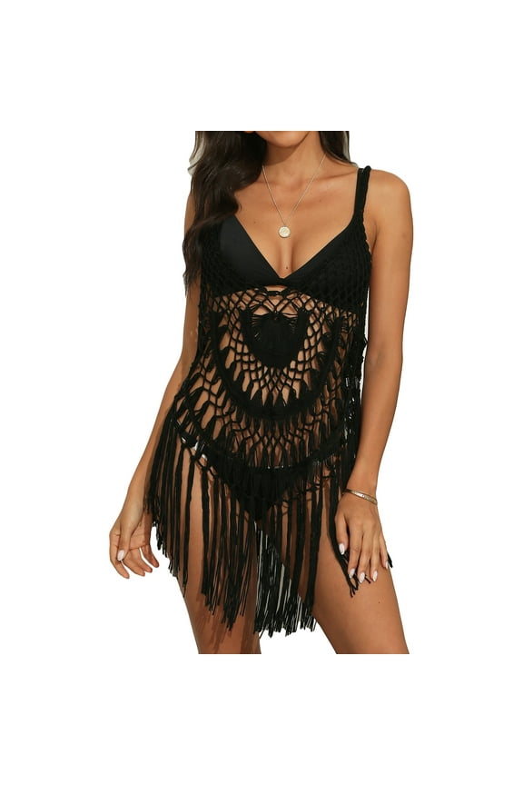 Beach Swimsuit Coverup for Women Sheer See Through Net Lace Bikini Swim Bath Suit Bathing Suit Cover Ups Summer Pool Crochet Flowy Fringe Tassel Sleeveless Black Small-Large
