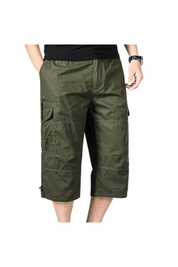 Men's 100 Cotton Mid Rise Casual Drawstring Slimming Work Utility Pants Capris Pants Soft Cropped Pants Army Green XX-Large