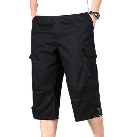 SWSMCLT Men's 100 Cotton Mid Rise Casual Drawstring Slimming Work Utility Pants Capris Pants Soft Cropped Pants Black Large