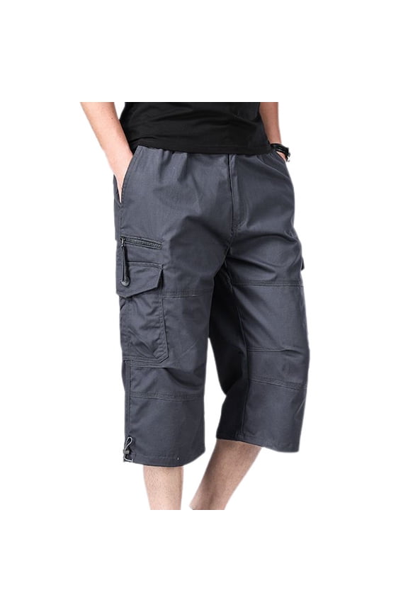 Men's 100 Cotton Mid Rise Casual Drawstring Slimming Work Utility Pants Capris Pants Soft Cropped Pants Grey 3X-Large