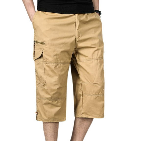 SWSMCLT Men's 100 Cotton Mid Rise Casual Drawstring Slimming Work Utility Pants Capris Pants Soft Cropped Pants Khaki Medium