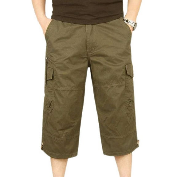 SWSMCLT Men's 100 Cotton Mid Rise Casual Drawstring Slimming Work Utility Pants Capris Pants Soft Cropped Pants Yellow X-Large