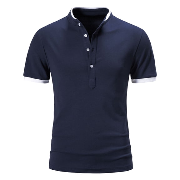 SWSMCLT Men's Casual Short Sleeve Summer Shirt Soft Top Fitted Polo Shirt V Neck Cotton Button Cool Spring Navy Large