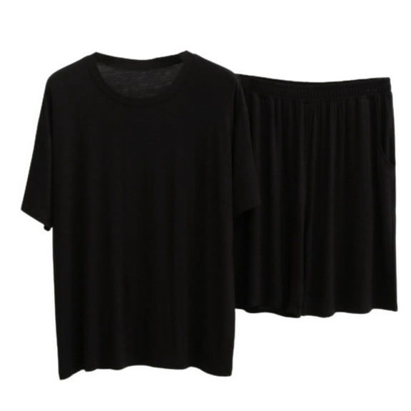 SWSMCLT Men's 2 Piece Cotton Pajamas Short Sleeve Shirt Shorts Set Lounge Set Soft Summer Comfy Sleeping Modal Sleepwear Black Large