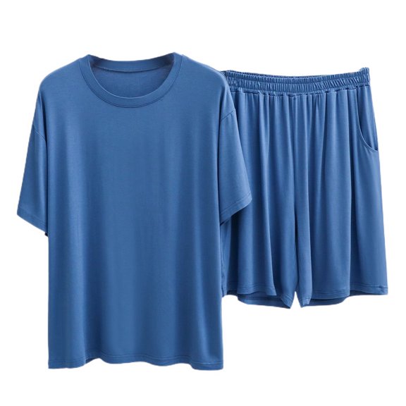 SWSMCLT Men's 2 Piece Cotton Pajamas Short Sleeve Shirt Shorts Set Lounge Set Soft Summer Comfy Sleeping Modal Sleepwear Blue Medium