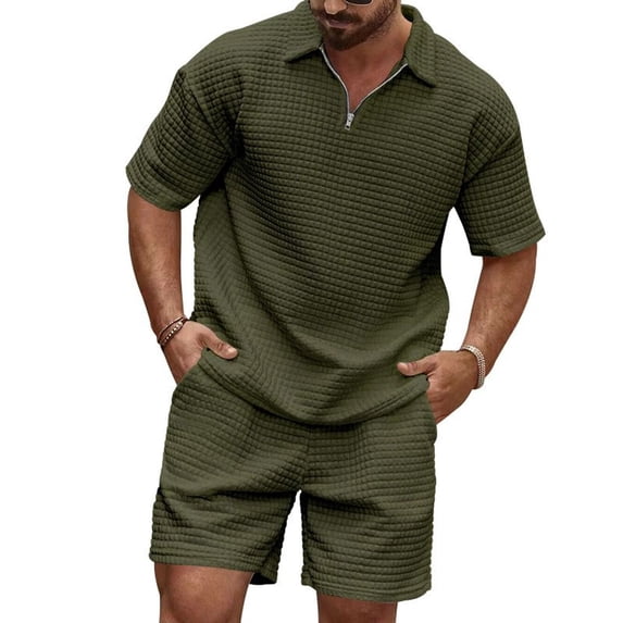 SWSMCLT Men's 2 Piece Outfit Polo Shirt Boyleg Half Zip Empire Waist Classic Elasthane Matching Outfit Tracksuits Casual Set Boxer Army Green Medium