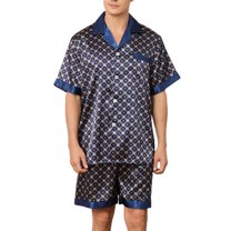 SWSMCLT Men's 2 Piece Pajamas Lightweight Shorts Printed Silky Summer Casual Soft Pj Set Short Sleeve Dark Blue X-Large