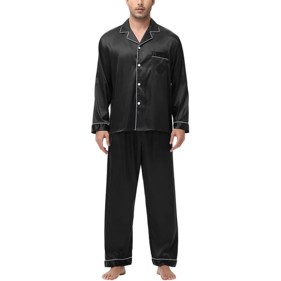 SWSMCLT Men's 2 Piece Pajamas Long Sleeve Pajama Set Comfy Button Breathable Silky Satin Summer Lounge Set Black Medium