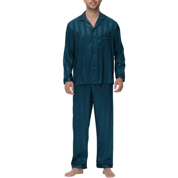 SWSMCLT Men's 2 Piece Pajamas Long Sleeve Pajama Set Comfy Button Breathable Silky Satin Summer Lounge Set Dark Green1 Large