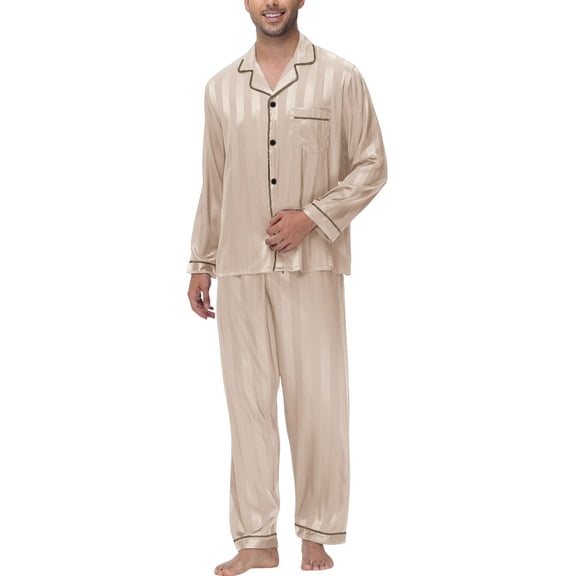SWSMCLT Men's 2 Piece Pajamas Long Sleeve Pajama Set Comfy Button Breathable Silky Satin Summer Lounge Set champagne1 Large