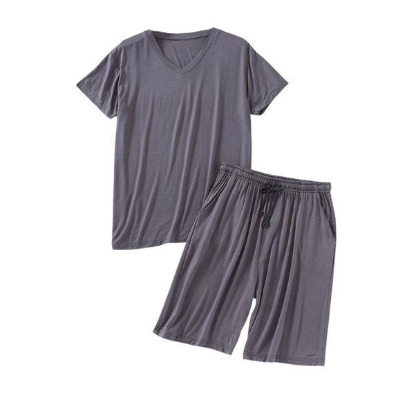 SWSMCLT Men's 2 Piece Pajamas Set Short V Neck Comfy Fall Oversized Soft Modal Lightweight Pj Summer Lounge Set Dark Grey X-Small