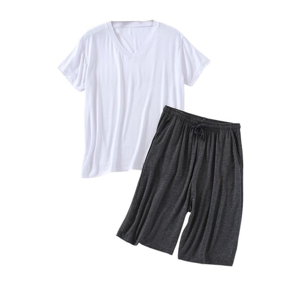 SWSMCLT Men's 2 Piece Pajamas Set Short V Neck Comfy Fall Oversized Soft Modal Lightweight Pj Summer Lounge Set White X-Small