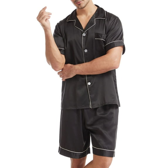 SWSMCLT Men's 2 Piece Satin Pajama Set Lightweight Soft Fall Button Spring Silk Silky Lounge Set Short Sleeve Pj Set Black Medium