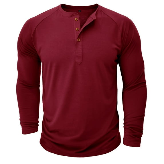 SWSMCLT Men's 2025 Blouse Button Henley Shirt Crew Neck Winter Cotton Pull On Top Classic Fall Long Sleeve Burgundy XX-Large