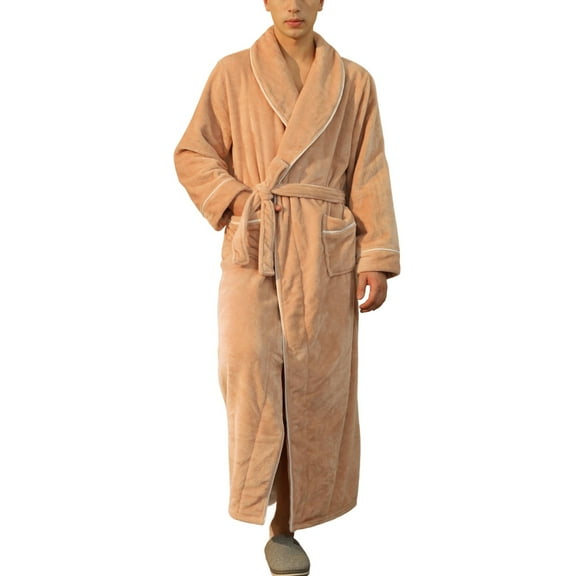 SWSMCLT Men's Ankle Fleece Bath Robe 2025 Home Fall Long Comfy Billowy Hot Tub Lapel Nightwear Plush Bathrobe Chunky Apricot Medium-Large