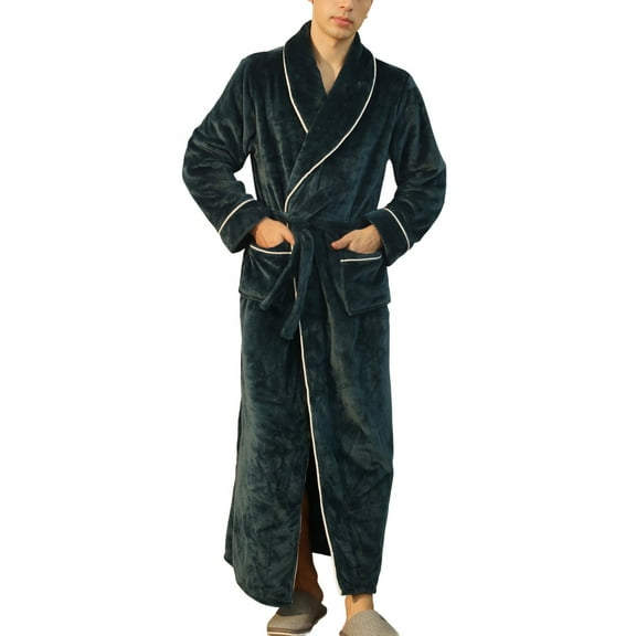 SWSMCLT Men's Ankle Fleece Bath Robe 2025 Home Fall Long Comfy Billowy Hot Tub Lapel Nightwear Plush Bathrobe Chunky Green Small