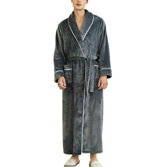 SWSMCLT Men's Ankle Fleece Bath Robe 2025 Home Fall Long Comfy Billowy Hot Tub Lapel Nightwear Plush Bathrobe Chunky Grey Medium-Large
