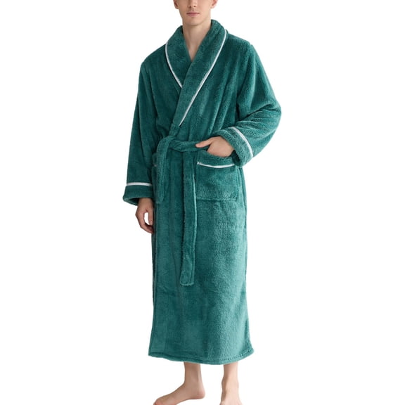 SWSMCLT Men's Ankle Fleece Bathrobe Chunky Belt Cold Weather Long Sleeve Loungewear Billowy Bathrobes Chic Green Small