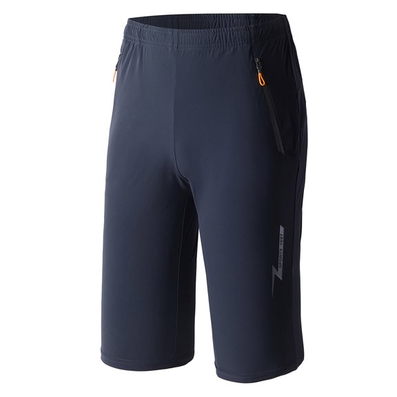 SWSMCLT Men's Athletic Workout Long Shorts Below Knee Length Elastic Waist Capri Quick Dry with Zipper Pocket Hiking Running Gym Summer Navy 36