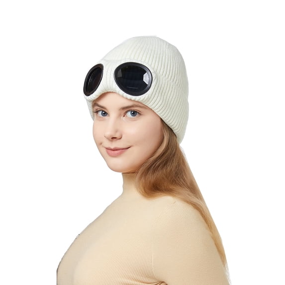 SWSMCLT Men's Aviator Hat With Goggles Women's Unisex Cold Weather Skullies & Beanies Ski Knit Beanie Mask Alient Fleece Lined Beige One Size