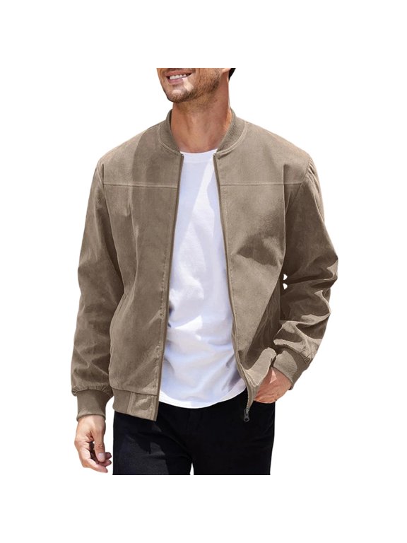 Men's Band Collar Zip Varsity Jacket Pocket Khaki Medium