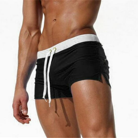 SWSMCLT Men's Beach Swimsuit Boyleg Summer Fashion Swimming Shorts Swim Trunks Mid Rise Nylon Stretch Swim Shorts Black Medium